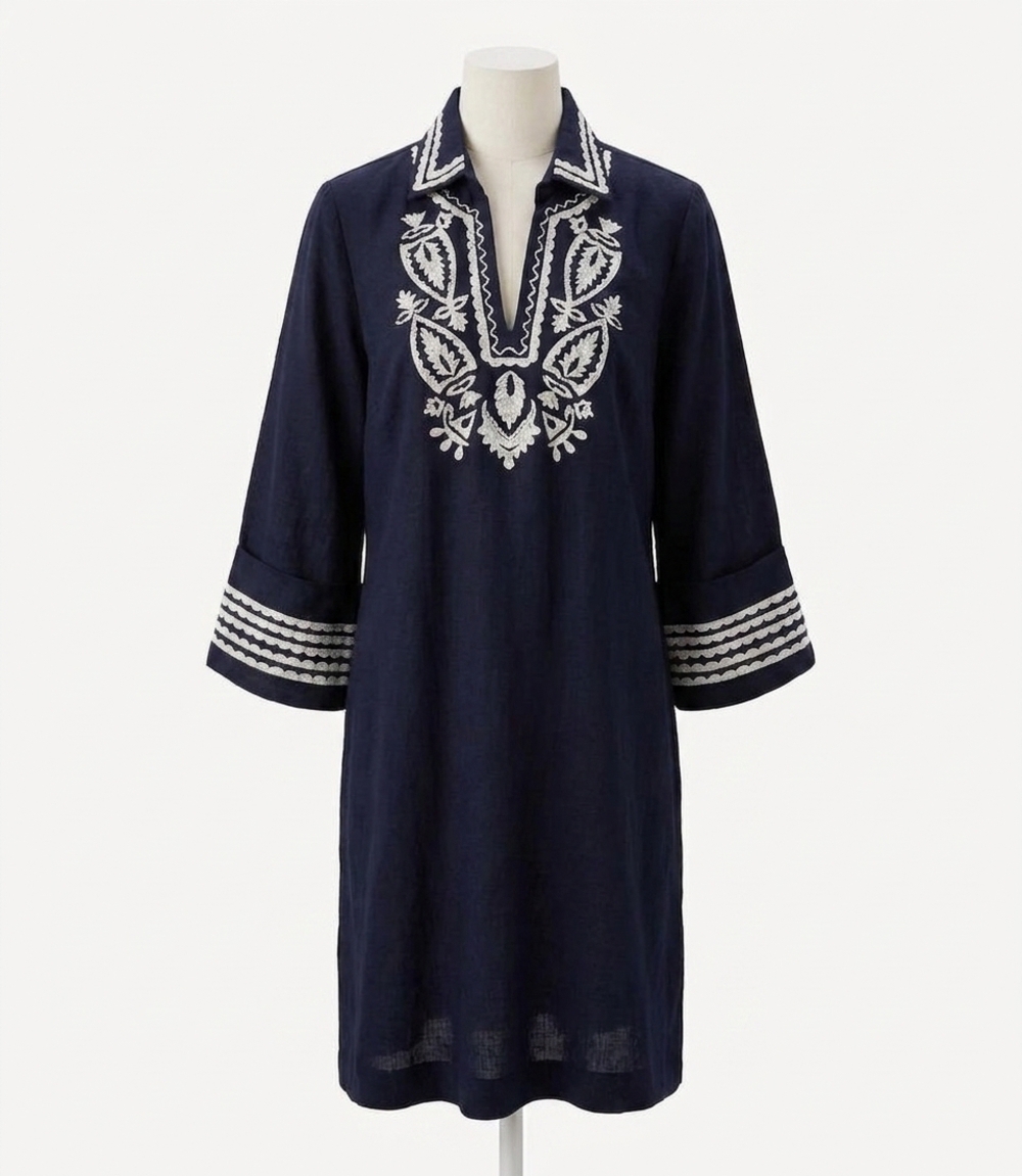 NEW KAREN KANE cuffed sleeve embroidered dress in navy